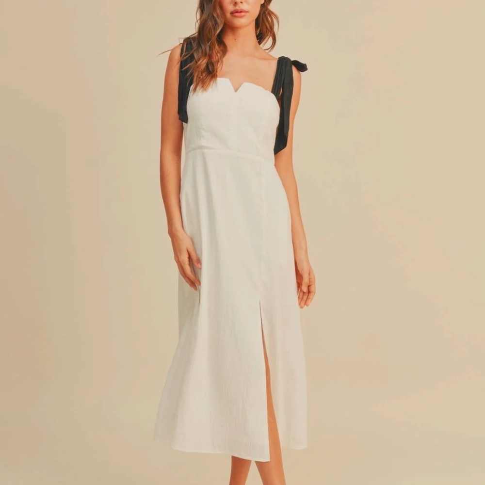 White Midi Dress with Black Tie Straps